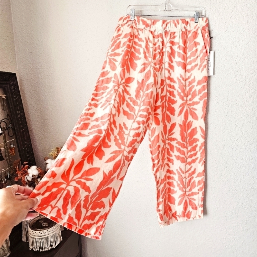 Rachel Zoe 100% Linen Wide Leg Cropped Pull On Floral Stem Pants Large New